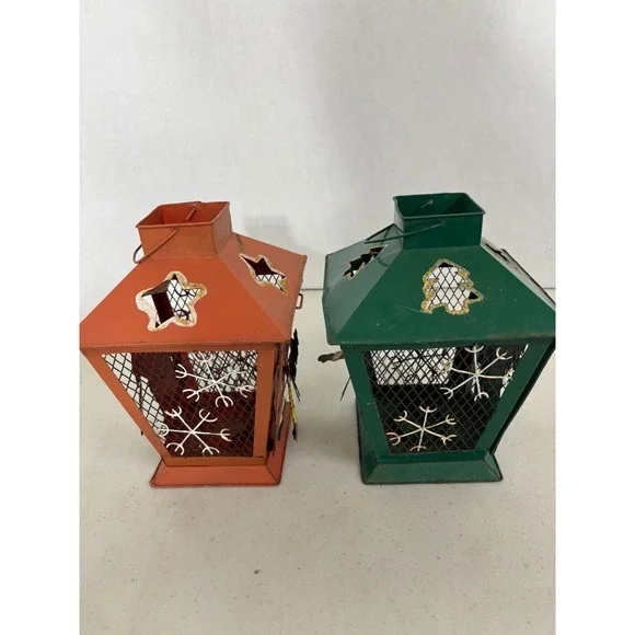 Set of 2 Vintage Christmas Metal Lanterns Santa Snowman Holiday Decor - Picture 5 of 7